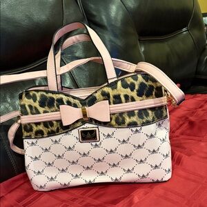 Wendy Keen. Pink Leopard-Trim Satchel with Bow Accent